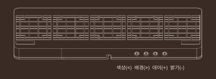시계 아랫면 오른쪽에 놓인 네 버튼: 색상(<), 배경(>), 데이(+), 밝기(-)
